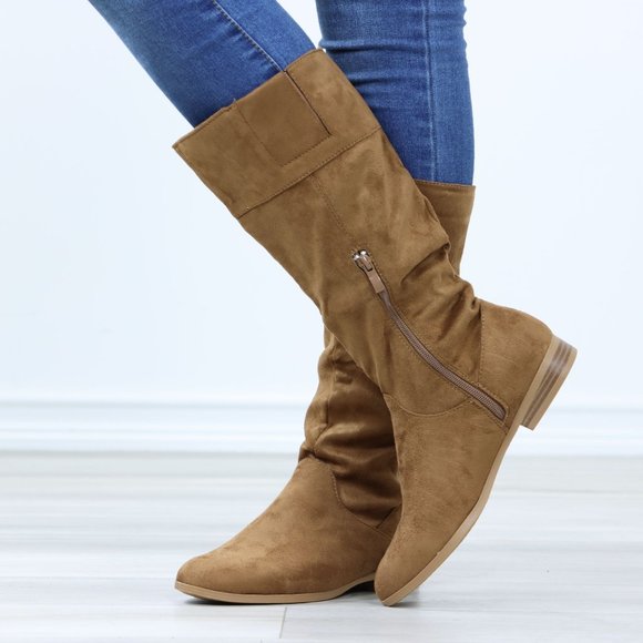 Tan Low Heel Boots Round Toe Above Ankle Mid-Calf Booties Faux Suede - Picture 8 of 12